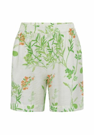 Virágmintás rövidnadrág könnyű anyagból, rugalmas derekú. Zöld és narancs növényi minták találhatók fehér alapon.
