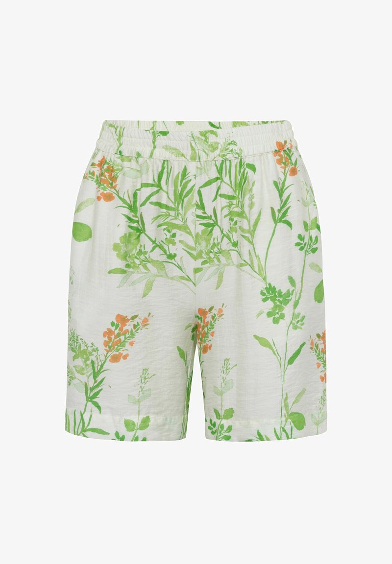 Blomstrede shorts i let stof med elastisk talje. Har grønne og orange plante mønstre på en hvid baggrund.