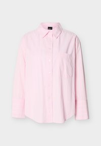 Ροζ ανοιχτόχρωμο πουκάμισο με μακριά μανίκια, κουμπιά, γιακά και μία τσέπη στο στήθος, τοποθετημένο σε απλό φόντο.