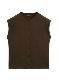 Brown sleeveless cardigan made of soft fabric, featuring a round neckline and five black buttons down the front. Ribbed hem detail.