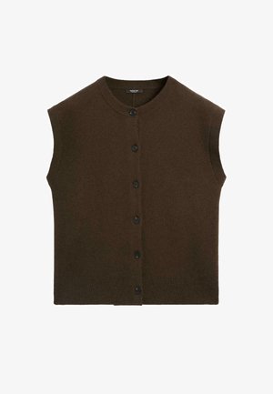 Brun ærmeløs cardigan lavet af blødt stof, med rund halsudskæring og fem sorte knapper ned foran. Ribbet kantdetalje.