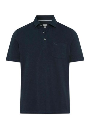 Marineblaues kurzärmeliges Polohemd mit Kragen, drei Knöpfen und einer Brusttasche auf der linken Seite.