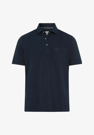 Marineblaues kurzärmeliges Polohemd mit Kragen, drei Knöpfen und einer Brusttasche auf der linken Seite.