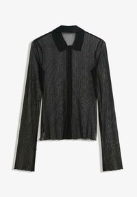 Camicia nera trasparente a maniche lunghe con colletto strutturato, tessuto testurizzato con linee verticali e taglio dritto all'orlo.
