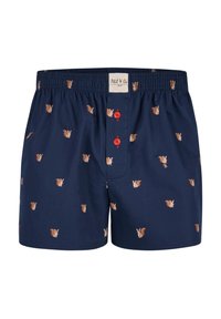 Boxer in blu navy con elastico in vita, caratterizzati da un motivo di scoiattoli e bottoni rossi. Realizzati in tessuto morbido con una vestibilità comoda.