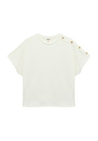 Witte t-shirt met korte mouwen in een relaxed fit, voorzien van knoopaccenten en een ronde halslijn. Zachte, gladde stof met een minimalistisch ontwerp.