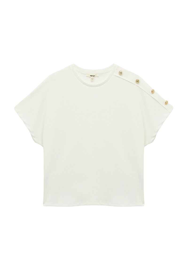 Witte t-shirt met korte mouwen in een relaxed fit, voorzien van knoopaccenten en een ronde halslijn. Zachte, gladde stof met een minimalistisch ontwerp.