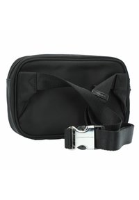 Bolso de hombro negro de nailon con cierre de cremallera, forma rectangular, correa ajustable y un clip metálico para un cierre seguro.
