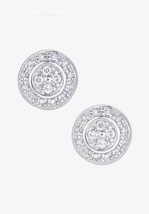 Ümmargused hõbedased kõrvarõngad, millel on kontsentrilised ringikujulised mustrid, selgete gemmidega ja tekstureeritud halo väiksemate kivide ümber keskosast.