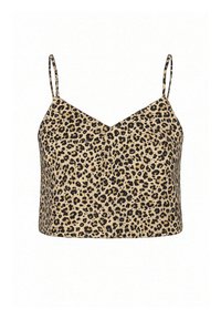 Leopardenmuster Crop-Top mit dünnen verstellbaren Trägern, V-Ausschnitt und einem weichen, strukturierten Stoff in Beige- und Schwarztönen.