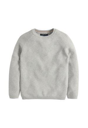 Pull à col rond en gris clair, tricoté, avec des manches texturées et des poignets et un ourlet côtelés, taille 8-2, posé à plat sur un fond blanc.