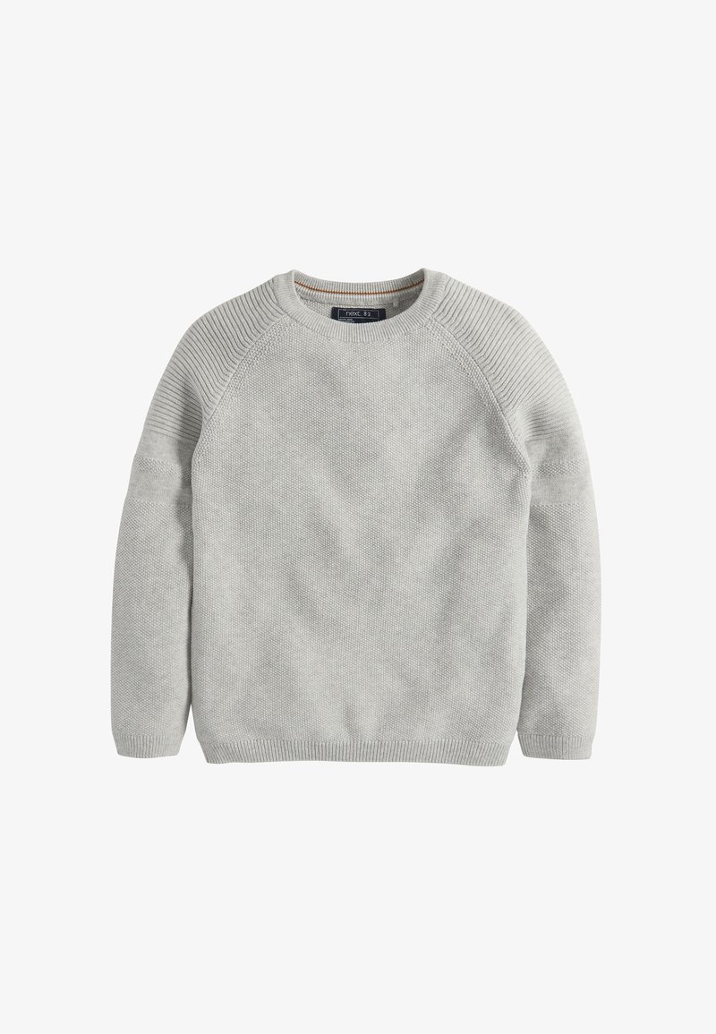 Pull à col rond en gris clair, tricoté, avec des manches texturées et des poignets et un ourlet côtelés, taille 8-2, posé à plat sur un fond blanc.