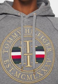 Felpa grigia con cappuccio caratterizzata da un grande logo ricamato in oro con un design circolare, dettagli a strisce rosse, bianche e verdi e cordini grigi con punte dorate.