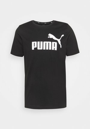 Zwart katoenen T-shirt met een witte geprinte "PUMA" logo en puma grafiek op de linkerborst. Korte mouwen, ronde halslijn.