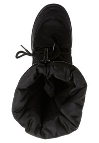 Botte d'hiver noire avec une tige en tissu doux, un bout arrondi, des lacets réglables et un col supérieur pliable. L'intérieur est doté d'une doublure texturée.