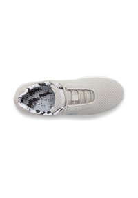 Light gray mesh sneaker with a patterned black and white inner lining, featuring a rounded toe and lace-up design.