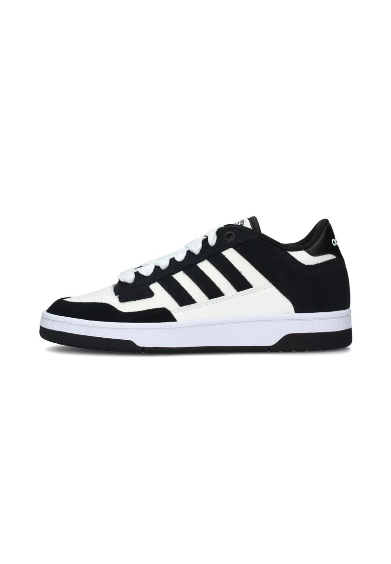 Sorte og hvide Adidas sneakers med velour og syntetiske materialer, snørebåndsdesign, tre stribede detaljer og en hvid gummisål.