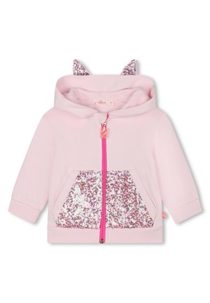 Felpa rosa con zip e orecchie di gatto, dotata di una tasca glitterata in paillettes e di una zip rosa in contrasto. Tessuto morbido e polsini a costine.