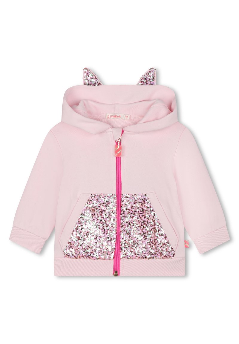 Felpa rosa con zip e orecchie di gatto, dotata di una tasca glitterata in paillettes e di una zip rosa in contrasto. Tessuto morbido e polsini a costine.