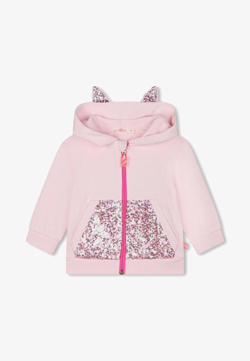 Hoodie rose zippé avec des accents en forme d'oreilles de chat, doté d'une poche en sequins pailletés et d'une fermeture éclair rose contrastante. Tissu doux et poignets côtelés.