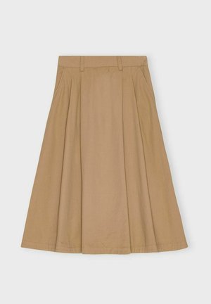 Knee-length, pleated skirt in light brown cotton, featuring a fitted waistband with belt loops and a straight hemline.