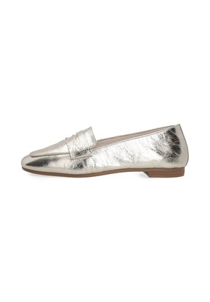 Metallic silver loafers with a smooth surface, pointed toe, and a decorative strap across the front. Flat sole with minimal detailing.