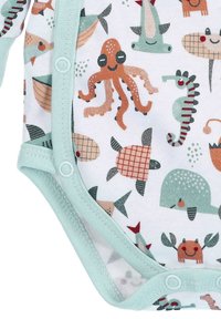 Short-sleeve baby bodysuit in soft cotton with a white background, featuring colorful sea creatures and green trim with snap closures.