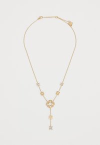Gouden ketting met een delicate ketting, versierd met bloemenaccenten en een centraal open hart hanger met kralendetails en edelsteenversieringen.