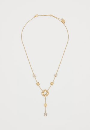 Gouden ketting met een delicate ketting, versierd met bloemenaccenten en een centraal open hart hanger met kralendetails en edelsteenversieringen.