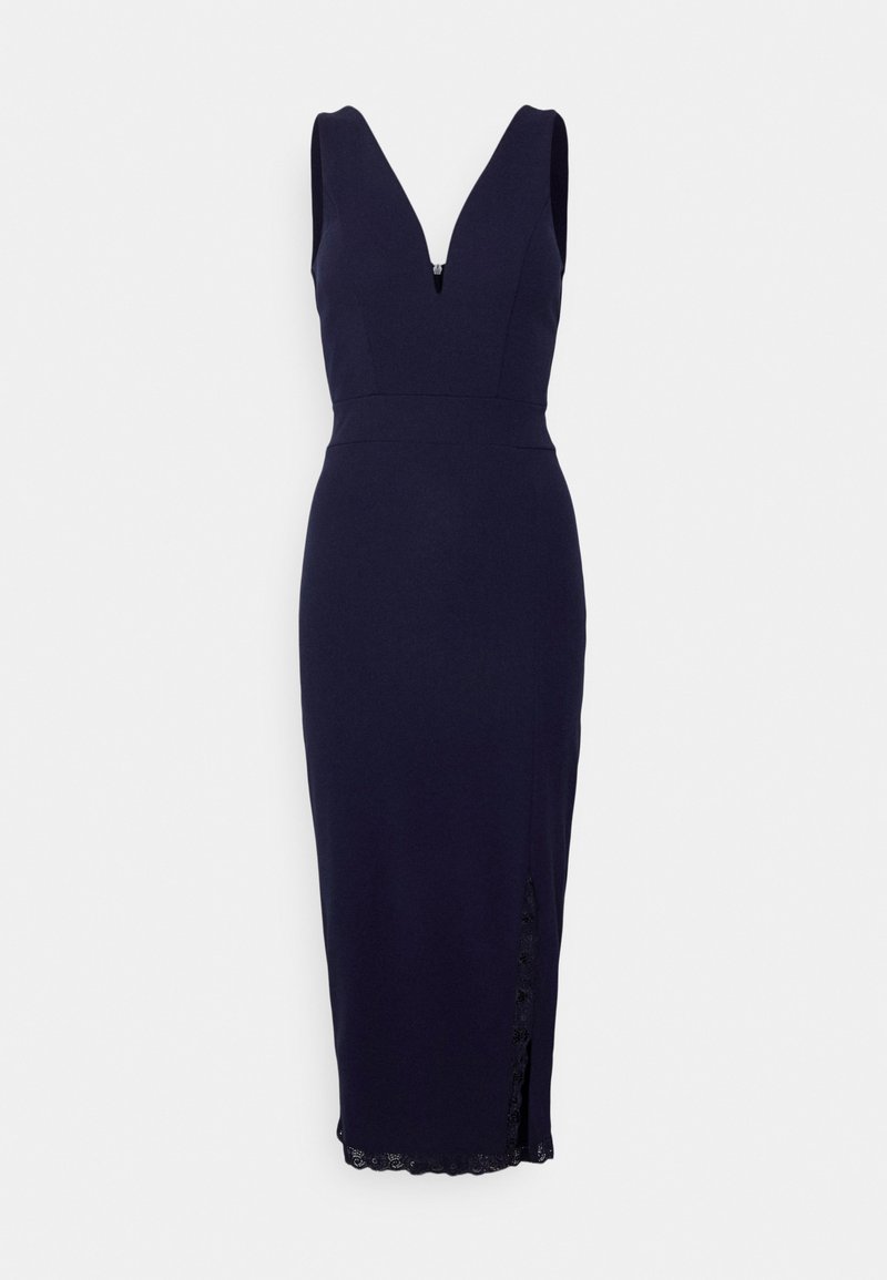 Vestido justo azul marinho com um decote em V profundo e design sem mangas. Apresenta um fecho de correr e uma fenda na bainha com detalhes em renda. Tecido suave.