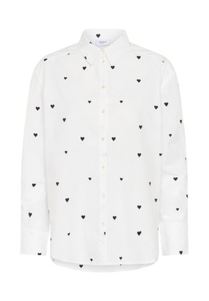 White button-up shirt with a collar featuring black heart patterns throughout. Made of cotton with a relaxed fit and straight hem.