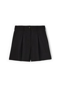 Pantaloni corti neri su misura con design plissettato, chiusura con bottone e tasche laterali. Realizzati in un tessuto morbido, presentano un taglio classico.