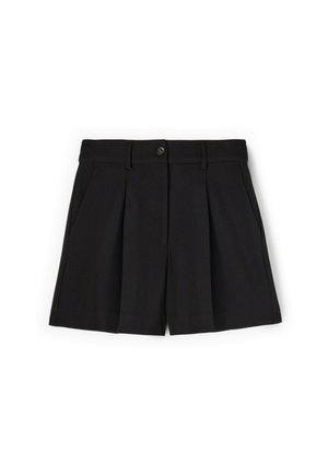 Zwarte op maat gemaakte shorts met een geplooid ontwerp, knoopsluiting en zijzakken. Gemaakt van een gladde stof, met een klassieke snit.