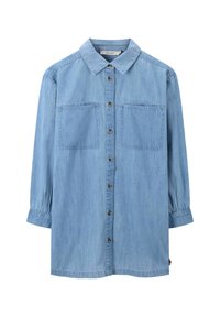 Lichtblauwe denimshirt met lange mouwen, knoopsluiting aan de voorkant, twee borstzakken en een klassieke kraag. Zachte textuur, ontspannen pasvorm.