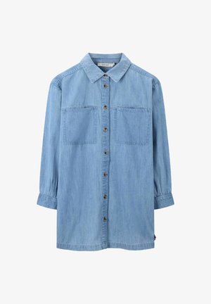 Hellblauses Denim-Hemd mit langen Ärmeln, Knopfverschluss, zwei Brusttaschen und klassischem Kragen. Weiche Textur, lockere Passform.