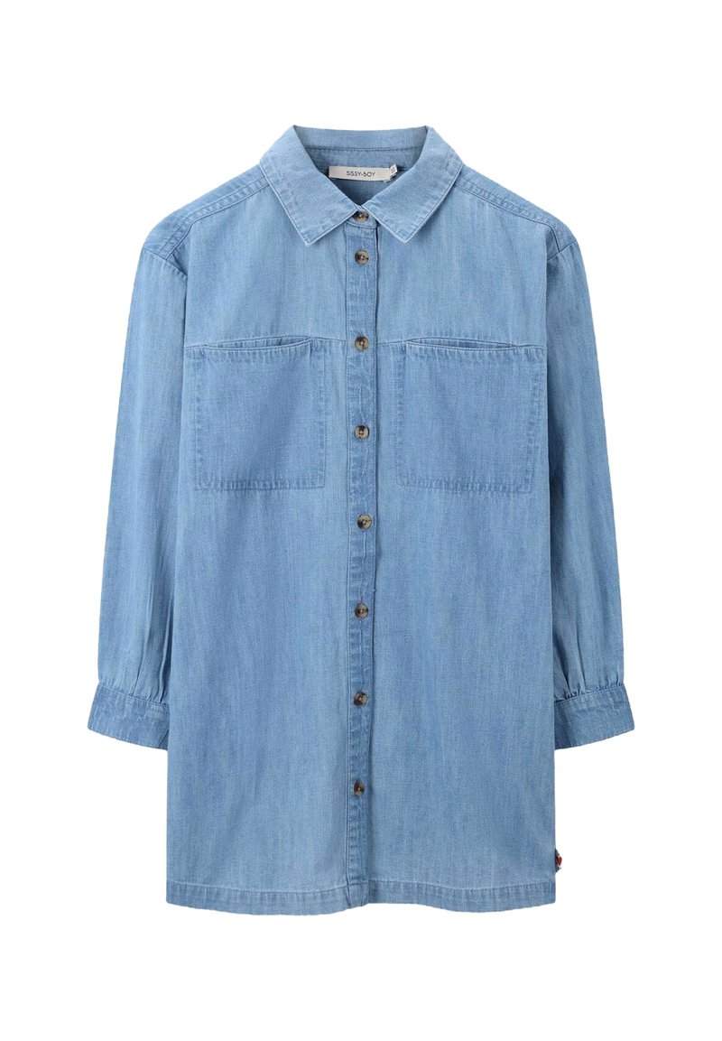 Lichtblauwe denimshirt met lange mouwen, knoopsluiting aan de voorkant, twee borstzakken en een klassieke kraag. Zachte textuur, ontspannen pasvorm.