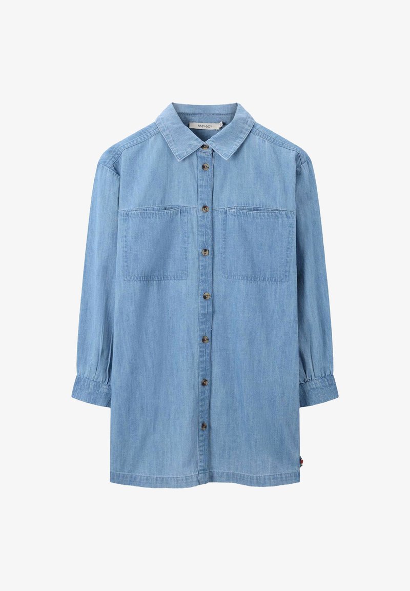 Lichtblauwe denimshirt met lange mouwen, knoopsluiting aan de voorkant, twee borstzakken en een klassieke kraag. Zachte textuur, ontspannen pasvorm.