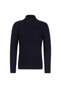Marineblauer Pullover aus Wollmischung, mit hohem Kragen, gerippten Bündchen und einem strukturierten Zopfmuster auf der Vorderseite.