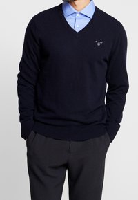 Marinblå V-halströja i mjukt stickat tyg, med ribbade ärmslut och nederkant, kombinerad med en ljusblå skjorta med krage under.