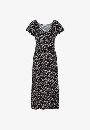 Sort midi-kjole med korte flutter-ærmer, V-hals, bindebånd i taljen og lille hvidt og pink blomsterprint.