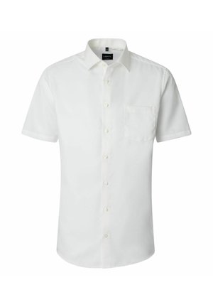 Witte blouse met korte mouwen, knopen aan de voorkant, een borstzak en een standaardkraag, weergegeven op een egale achtergrond.