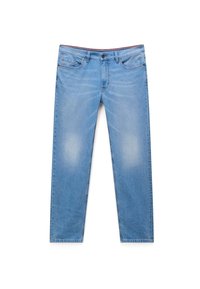 Jeans de mezclilla azul claro con un diseño de pierna recta, cinco bolsillos y un ligero desgaste en los muslos. Presentan un cierre de botón y pasadores para cinturón.