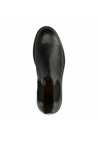 Zwarte leren enkelboot met elastische zijpanelen, ronde neus, gladde textuur en een minimalistisch ontwerp; instapmodel.