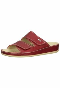 Red leather slide sandal with two adjustable Velcro straps, contrasting white stitching, and a beige rubber sole. Open-toe design.