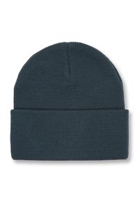 Berretto lavorato a maglia di un grigio scuro con risvolto, caratterizzato da una texture liscia e un motivo a trama fitta, adatto a essere indossato in climi freddi.