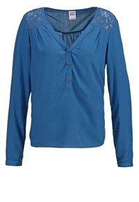 Blue long-sleeve blouse in soft material with lace detailing on shoulders, button placket, and a relaxed fit. V-neck design.
