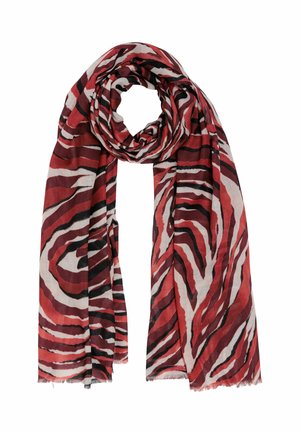 Red and black scarf featuring a tiger stripe pattern, lightweight material, fringed edges, and a flowing design.