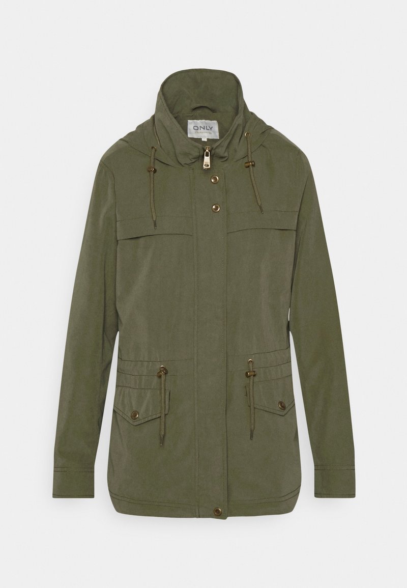 Veste à capuche vert olive avec fermeture éclair frontale, boutons-pression, cordons ajustables à la taille et à la capuche, et deux poches avant à rabat.