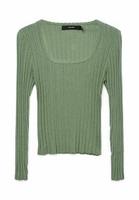 Grön ribbad långärmad topp med fyrkantig halsringning, tillverkad av mjukt tyg; har en figursydd form och råa kantdetaljer.