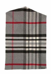 Sciarpa in plaid di lana con colori grigio, nero, rosso e bianco, caratterizzata da una texture morbida e un ampio motivo a quadri, rifinita con un piccolo etichetta.